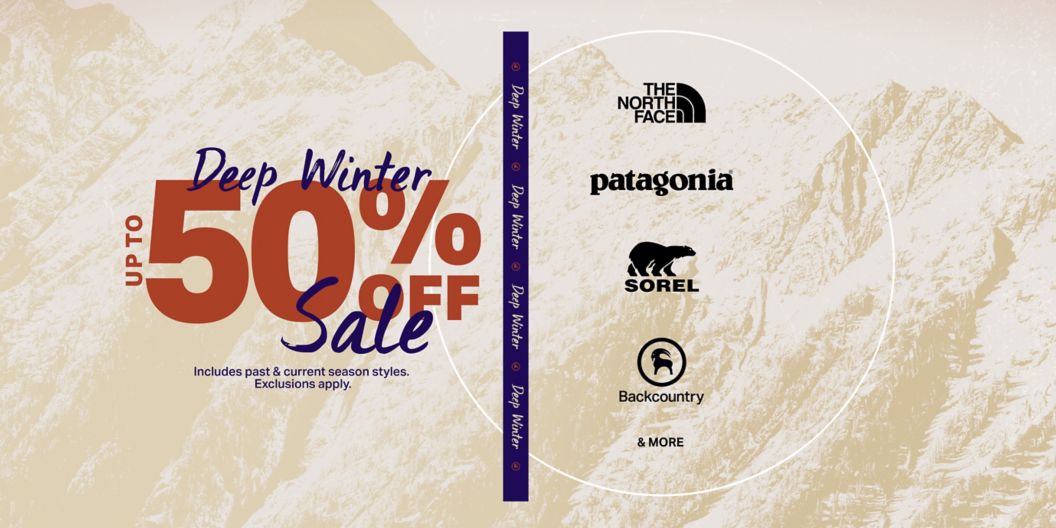 A promotional lockup reading “Deep Winter Sale Up To 50% Off” hovers over a faded, mountainous background. A man and women stand to the right of the lockup in winter jackets. 